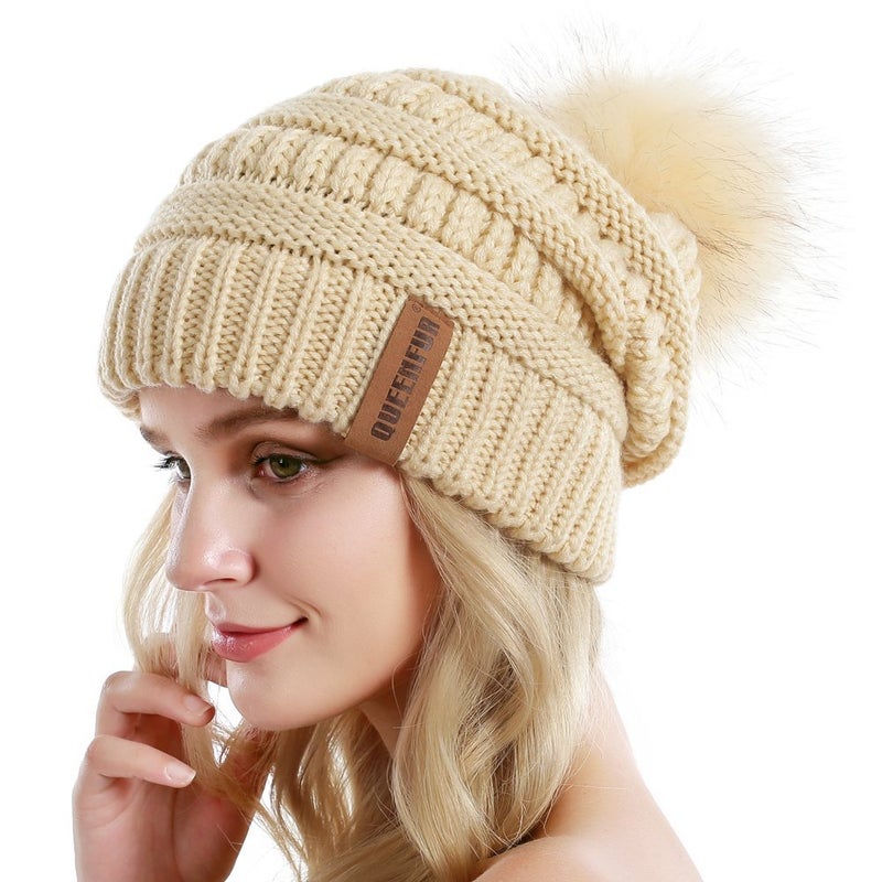 QUEENFUR Women Knit Slouchy Beanie Chunky Baggy Hat with Faux Fur Pompom Winter Soft Warm Ski Cap - Image 2